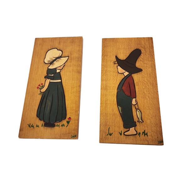 Vintage Jan Hand Painted Wood Art Girl Boy Pair Wall Hanging Decor